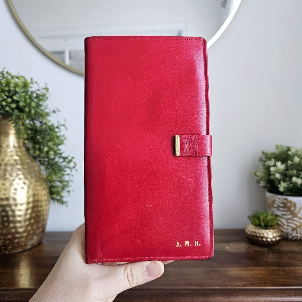 Genuine Cowhide A.M.H. Vintage Red Leather Bifild Travel Wallet Organizer